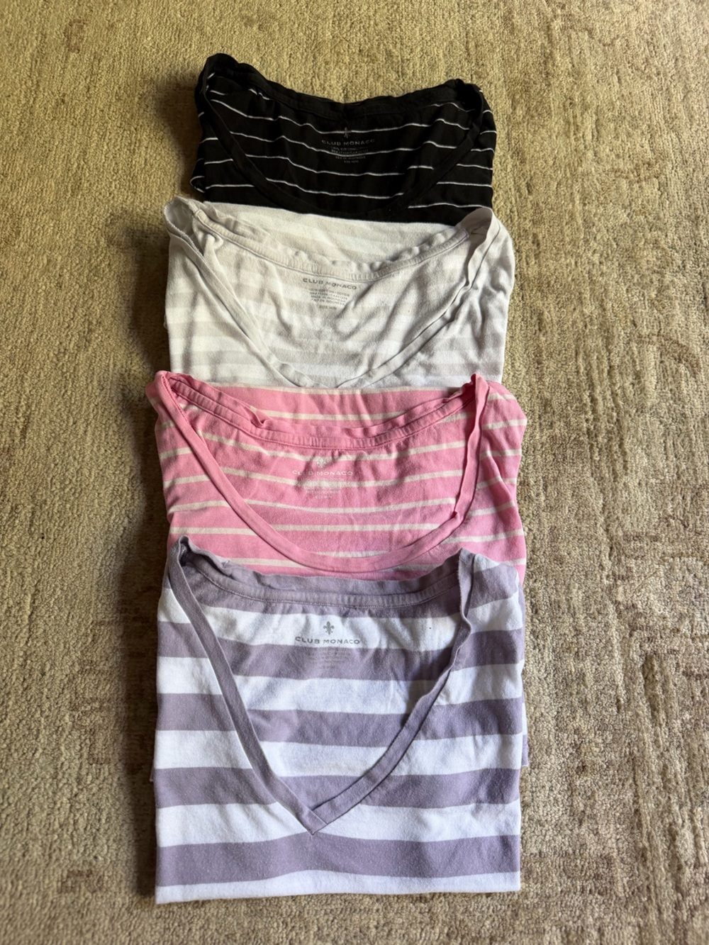 Bundle of 4 Club Monaco Striped Cap Sleeve Tees M Black, Pink, Grey, Purple